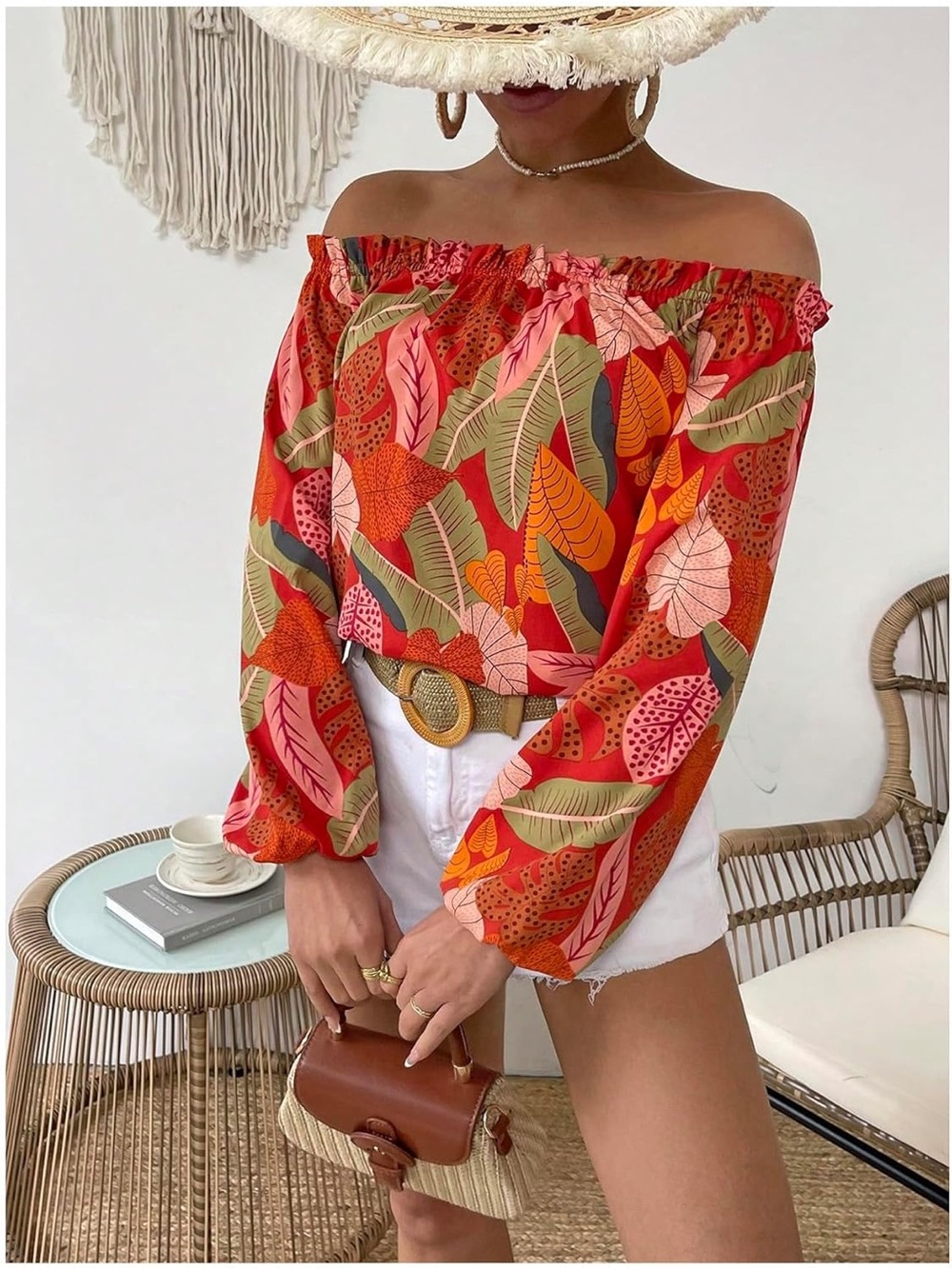 Off-Shoulder Red Tropical Print Women's Top - Picture 3 of 3